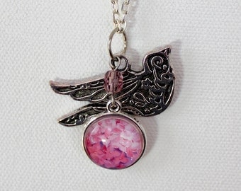 Pink Hydrangea Flower Floral Necklace Silver Finish Pendant Necklace with Bird Charm and Faceted Bead