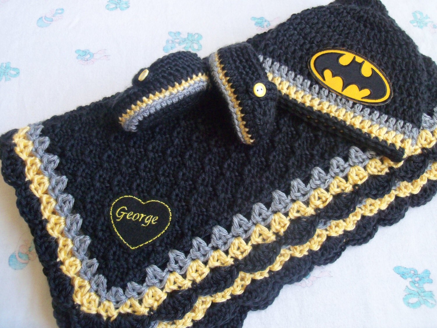Knit/Crochet Batman Personalized Baby Blanket Hat and Booties