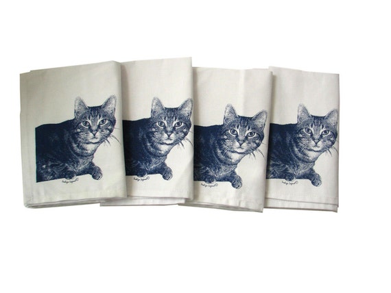 Cloth Napkins screen printed with cat home and by IndigoLegend