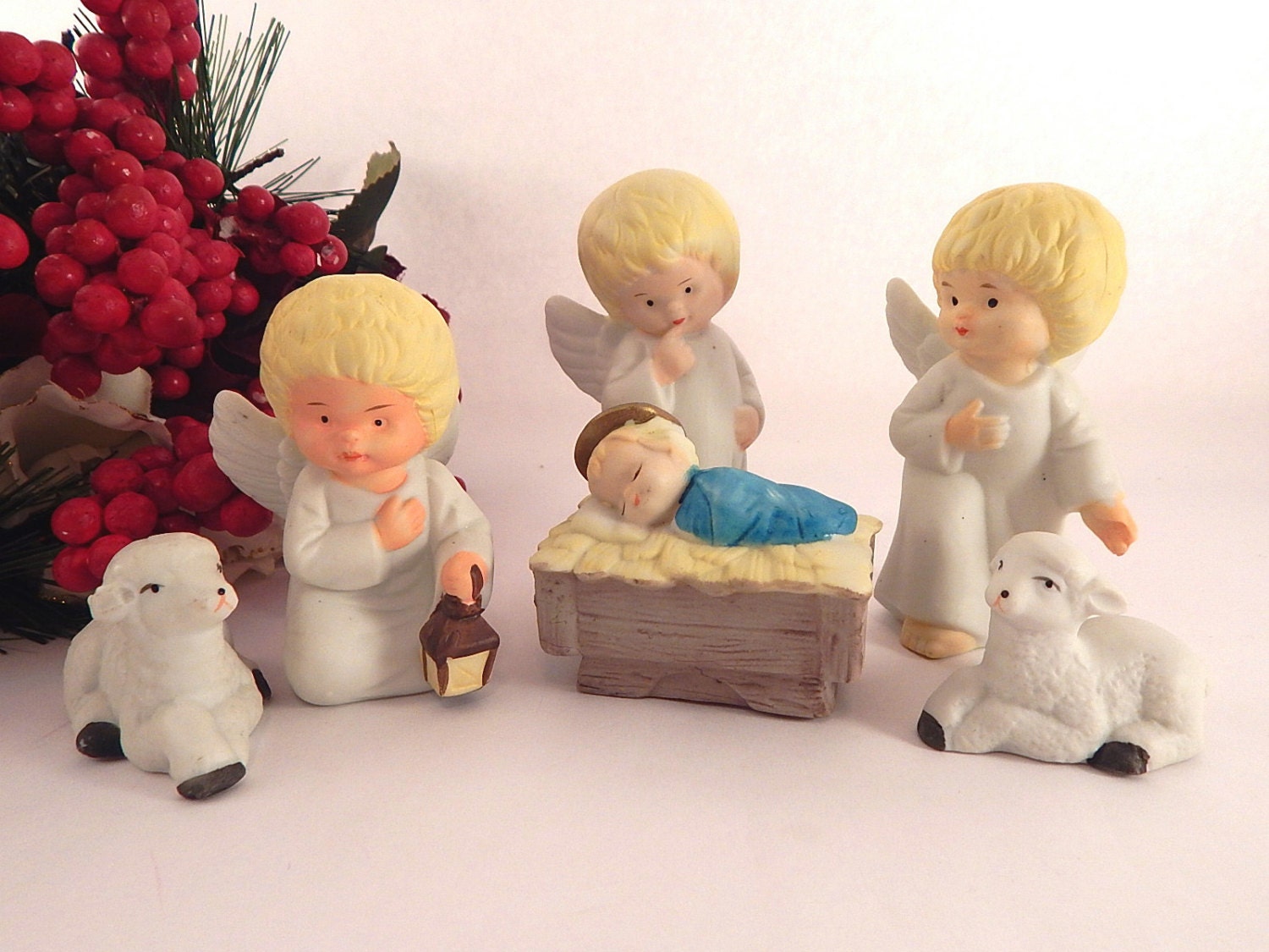 Angel Nativity Set Six Piece Ceramic Bisque Figurines Blond