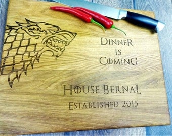 GAME of Thrones cutting board. Direwolf. Stark. Dinner is comming. Handmade Laser Engraved Cutting Board. Housewarming gift. Choping block