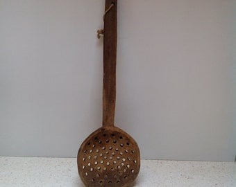 Primitive antique Wooden big hand carved skimmer spoon ladle primitive kitchen decor floral
