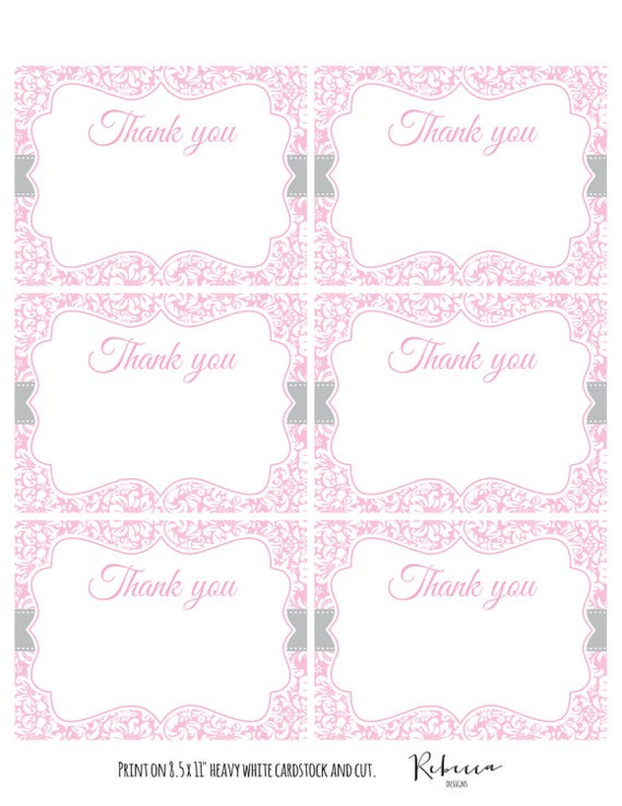 pink thank you card printable baby shower thank you card