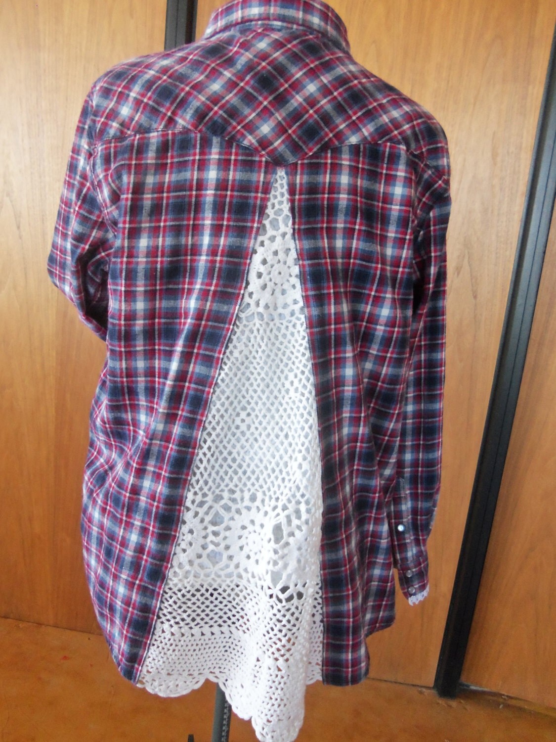 Upcycled plaid flannel shirt with lace insert/Recycle