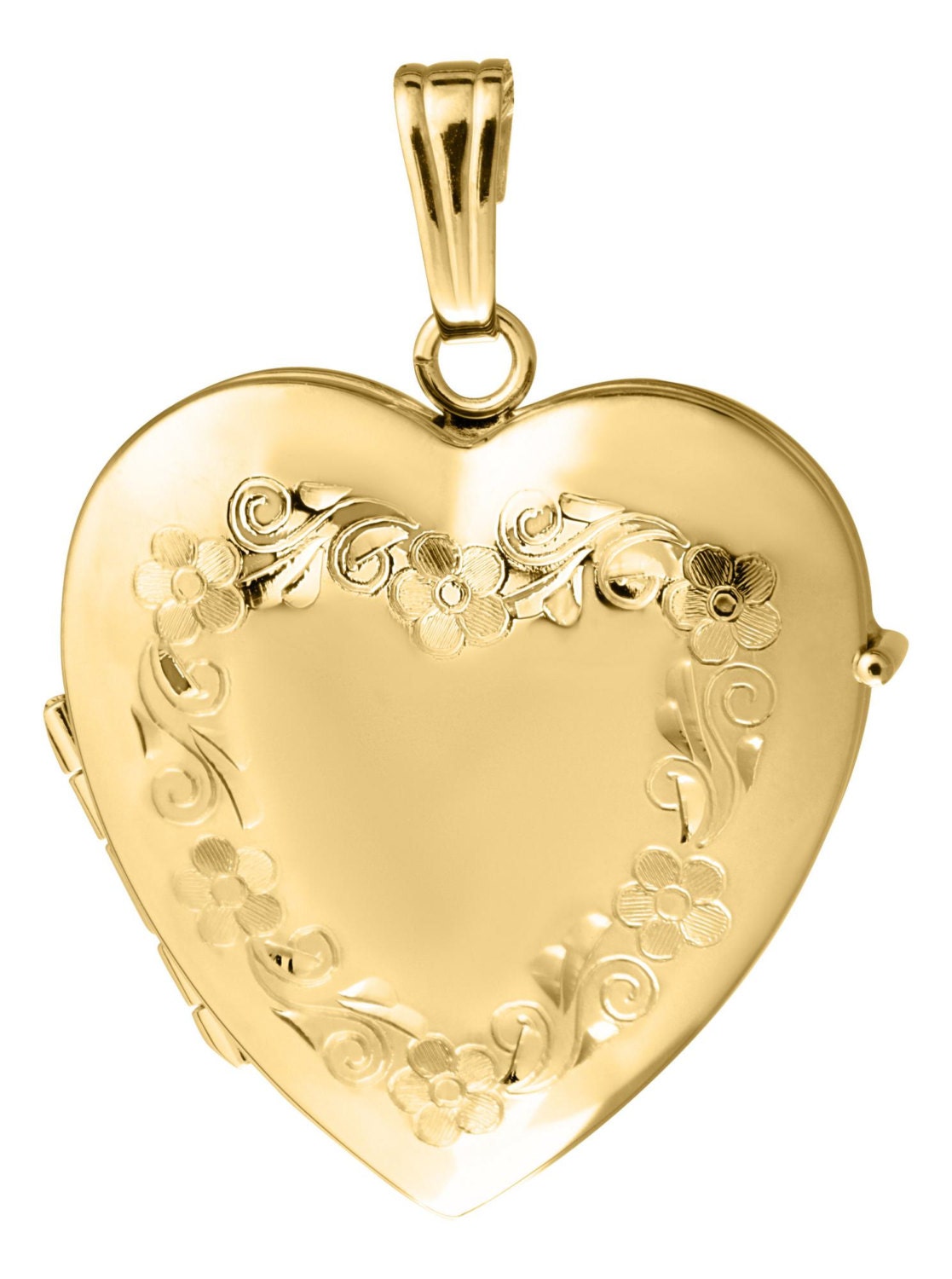14K Solid Yellow Gold 20mm Floral Heart Locket Holds 4 Photos
