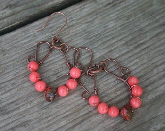 Coral and Copper Dangle Earrings, Coral Gemstone Earrings, Copper Earrings