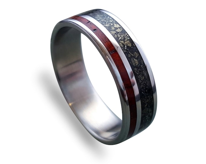 Titanium ring with Cocobolo wood and crushed pyrite inlay, Men's Titanium Wedding Band