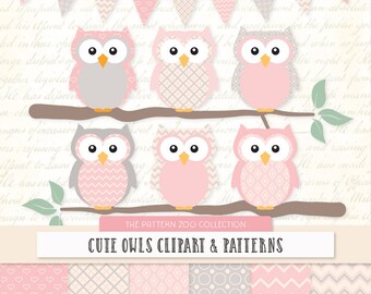 Patterned Soft Pink Owls Clipart and Digital Papers - Soft Pink Owl Clipart, Owl Vectors, Baby Owls, Cute Owls, Baby Girl Owls