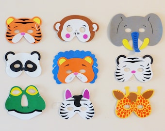 Set of 9, Jungle animals masks, safari mask, tiger lion mask, giraffe mask, elephant mask, panda mask, zebra mask, frog mask, monkey mask