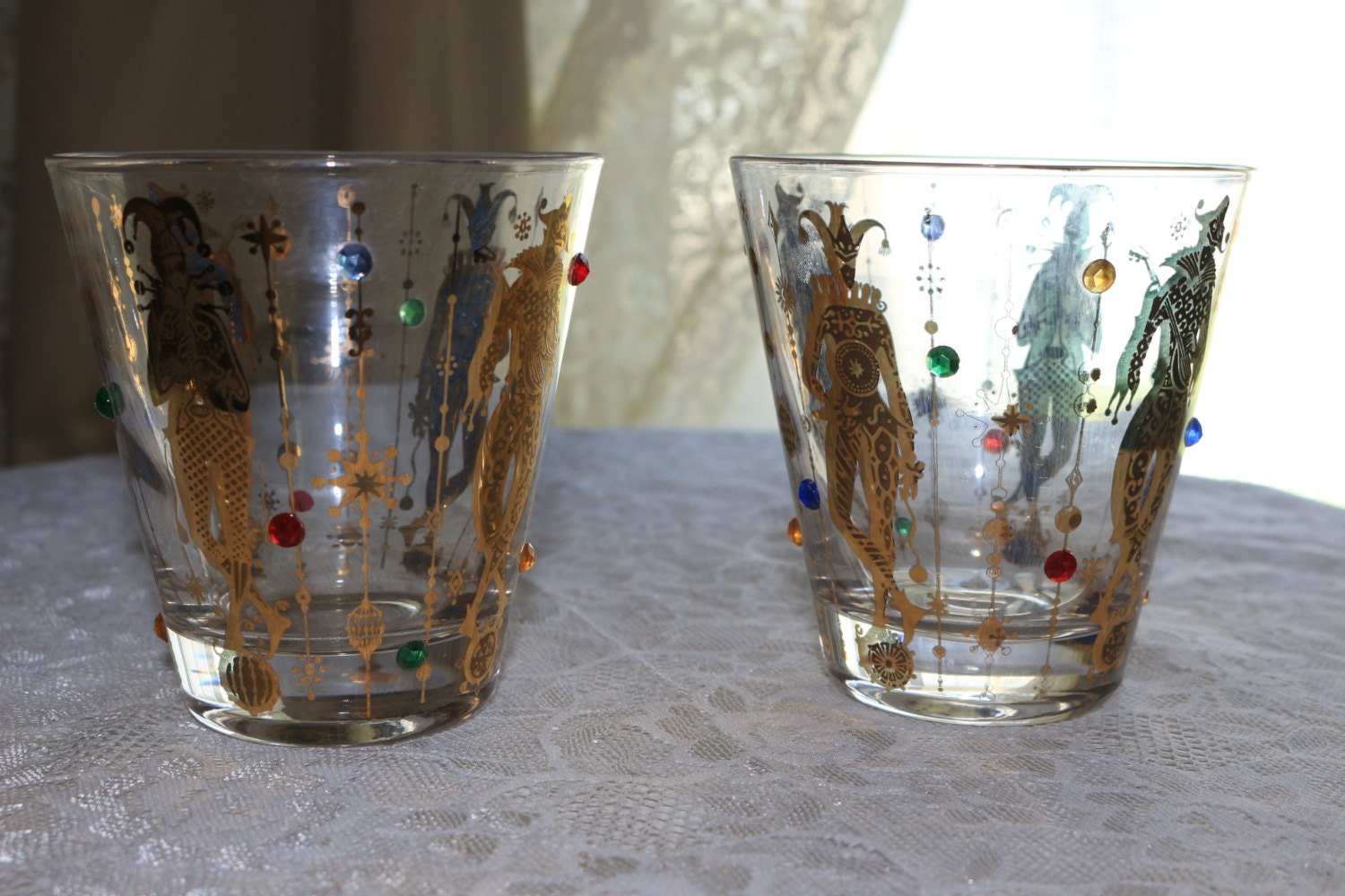 Culver Jester Mardi Gras Harlequin Cocktail Glasses Set of Two