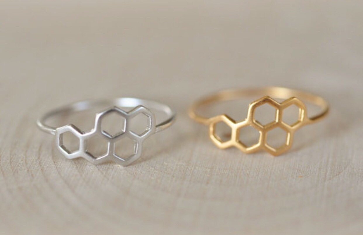 Ring in Sterling Silver 925 Gold Bee Ring Hexagon