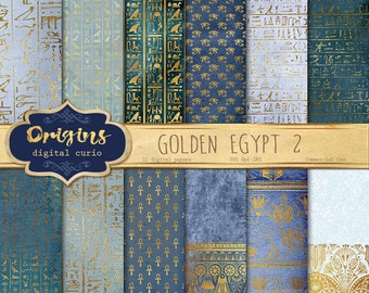 Blue Gold Egyptian Digital Paper, Hieroglyphics Scrapbook Paper, Papyrus Vintage Antique Egypt Patterns, Digital Gold Foil Leaf Overlay