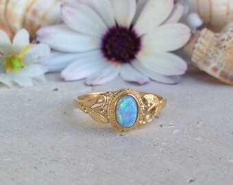 20% off- SALE!!! Blue Opal Ring - October Birthstone - Gold Ring - Gemstone Ring - Tiny Ring - Delicate Ring - Lace Ring - Opal Jewelry