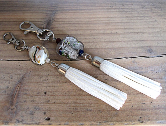 White Dog Collar Tassels Keychain with white Lampwork Charm.