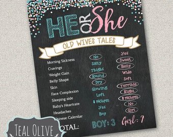Gender Reveal Old Wives' Tales | Printable Chalkboard Poster | DIY Printable | He or She, Boy or Girl, Pink or Blue