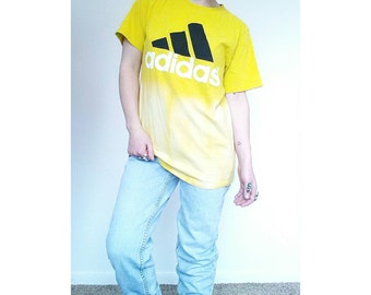 90's Neon Yellow Tie Dye Adidas T Shirt - Vintage Dip Dyed Oversized Tee - Grunge Neon Tie Dye T Shirt - Large XL T Shirt - Sport T Shirt