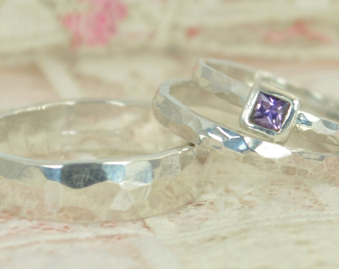 Amethyst Engagement Ring, Sterling Silver, Amethyst Wedding Ring Set, Rustic Wedding Ring Set, February Birthstone, Square Sterling Amethyst