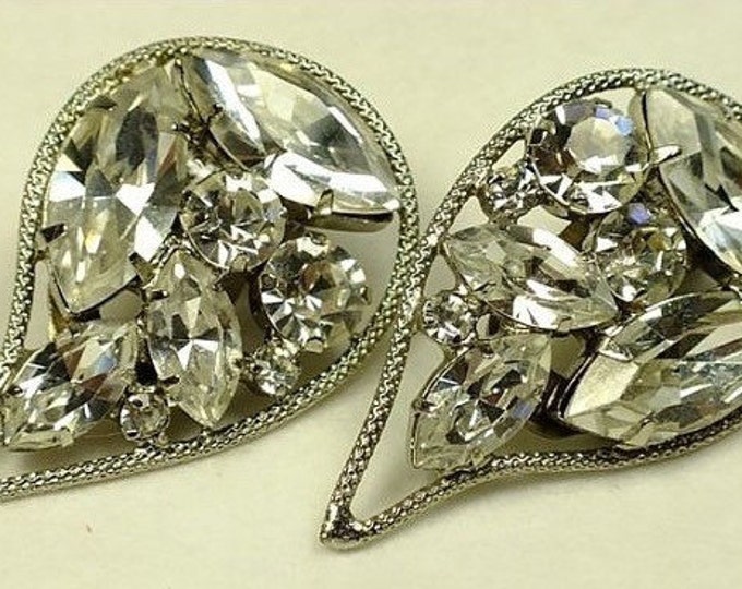 Storewide 25% Off SALE Vintage Silver Tone Oversized Teardrop Diamond Rhinestone Designer Clip Earrings Featuring Multi Faceted Prong Set Cr