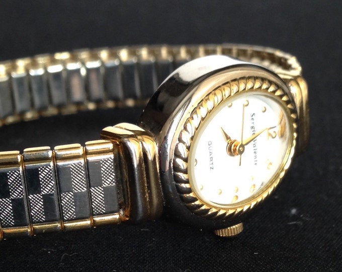 Storewide 25% Off SALE Vintage Ladies Textured Two Tone Gold & Silver Sergio Valente Designer Quartz Watch Featuring Flexible Designer Band