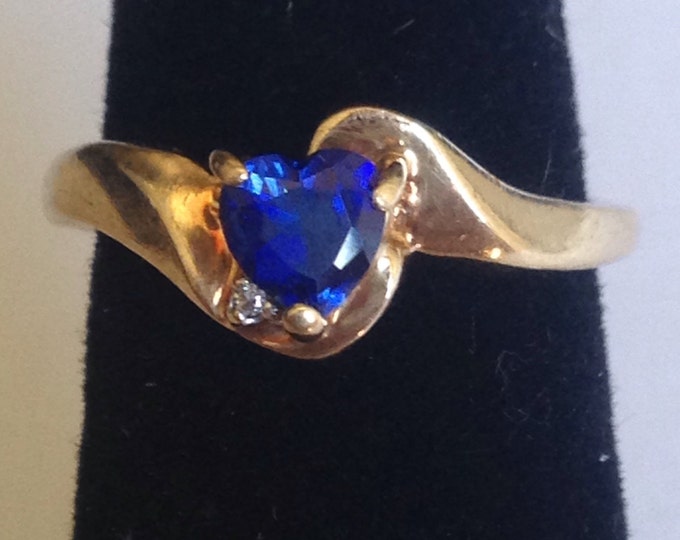 Storewide 25% Off SALE Vintage 10k Gold Deep Blue Faceted Sapphire Heart Gemstone Ring Featuring Petite Diamond Accented Design