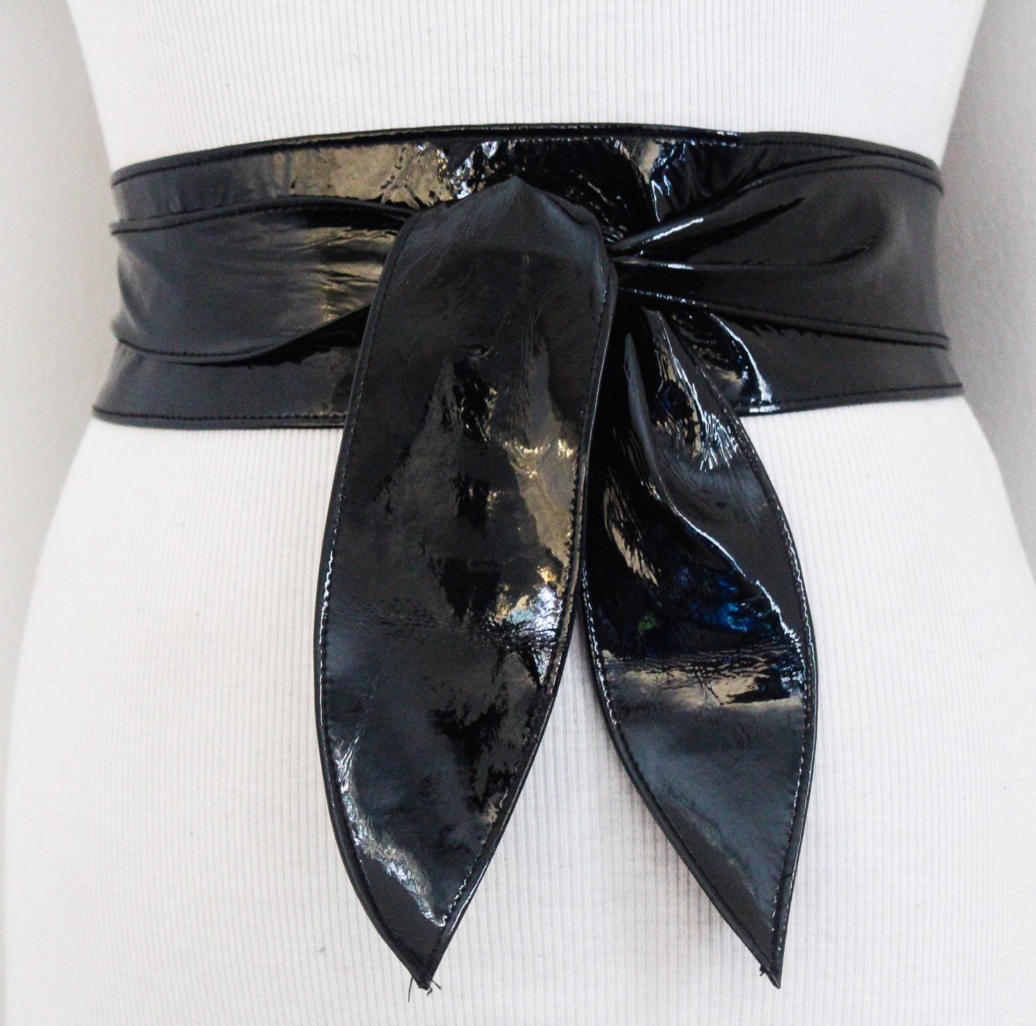 Black Patent Leather Belt Black Leather Obi Belt tulip tie