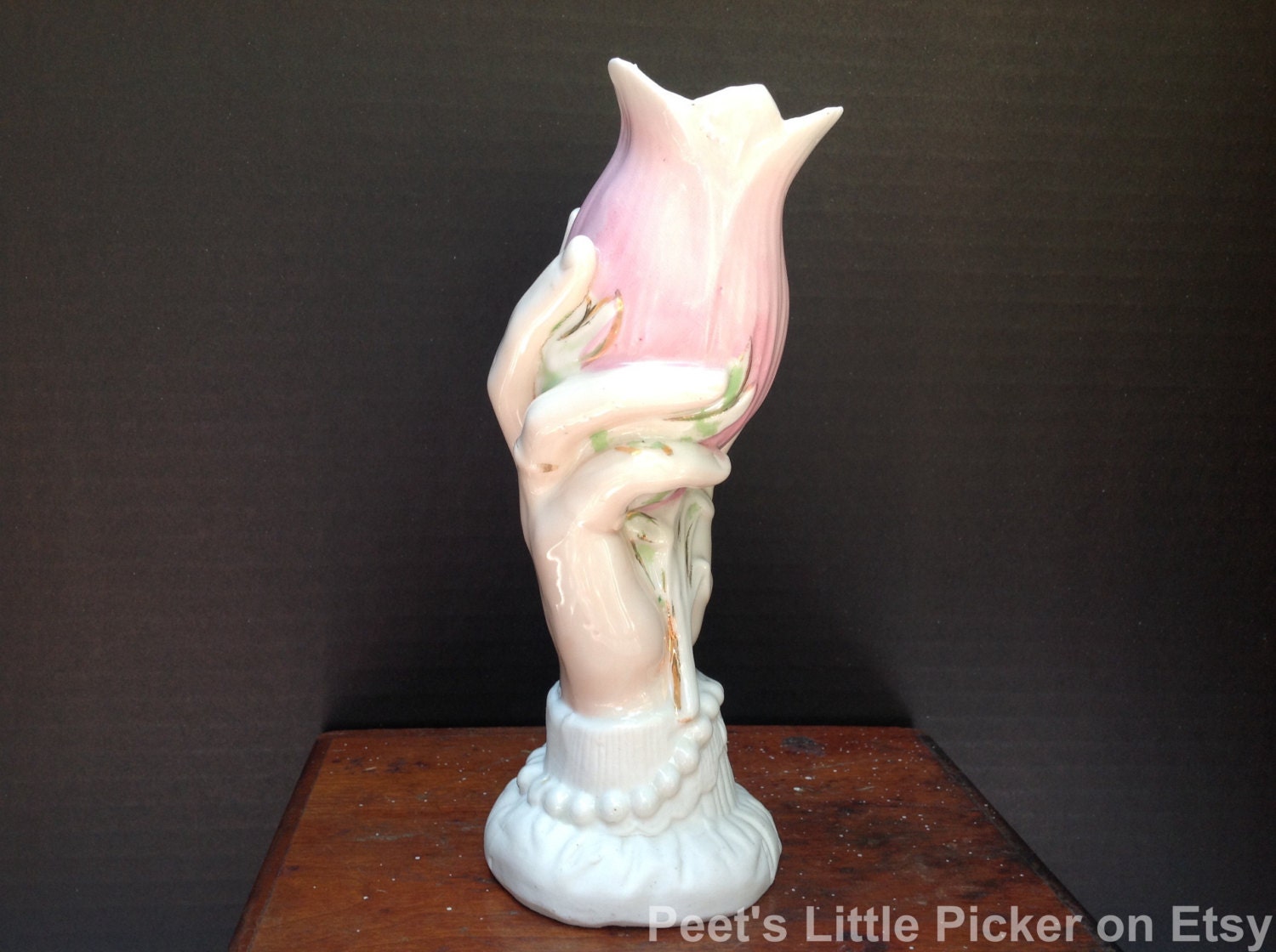 Antique Figural Hand Vase Hand holding Tulip Flower