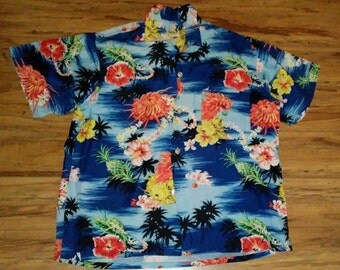 1950 rayon vintage tiki hat palm tree rayon shirt Mens shirt sz Lg- XL