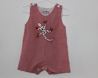 Vintage romper Jon jon romper 6 months boy red gingham lizard shortall overalls