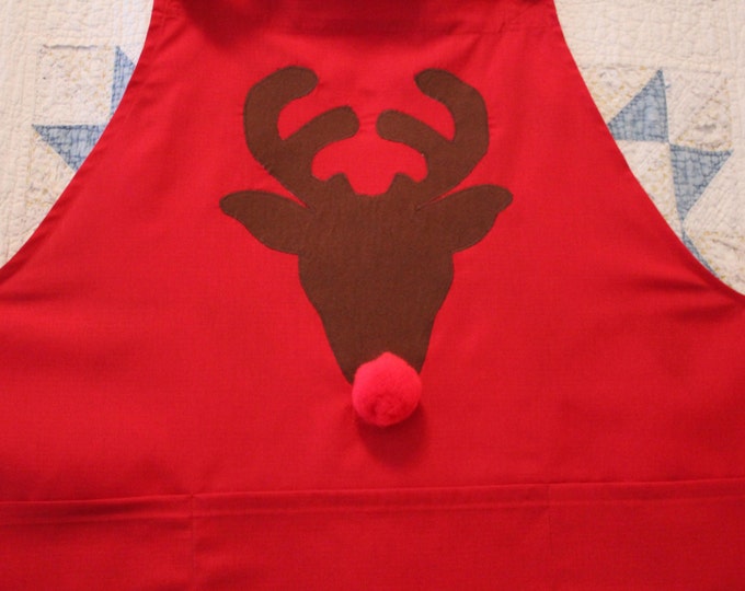 HALF PRICE ** Rudolph the Red Nosed Reindeer Adult Christmas Apron. Fun Cheery Red Linen Apron with Rudolph and his Big Red Pompom Nose!
