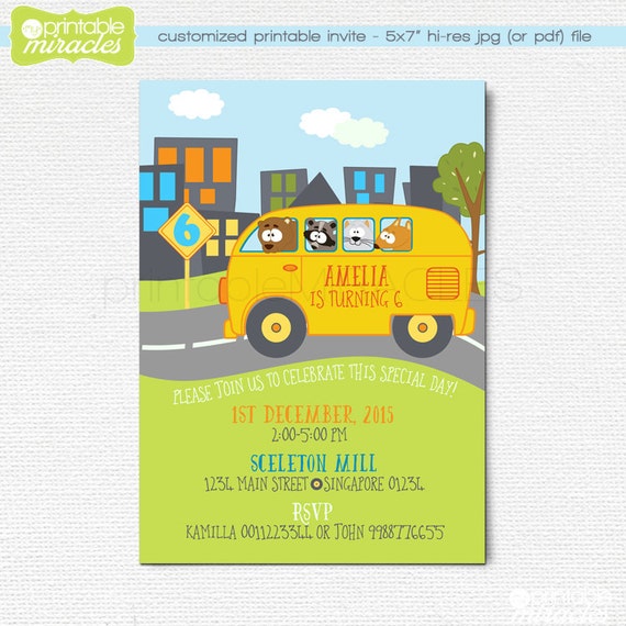 Wheels on the bus invitation School bus birthday Printable