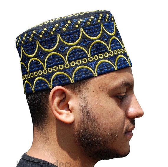 Tall Omani Arab Style African Kufi Hat Black Base blue and