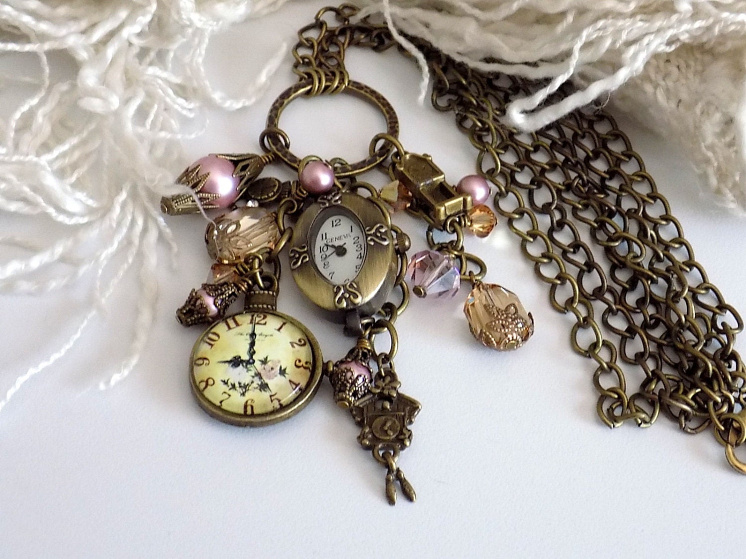 Victorian Style Clock Necklace Watch Charm Necklace Pink Pearl