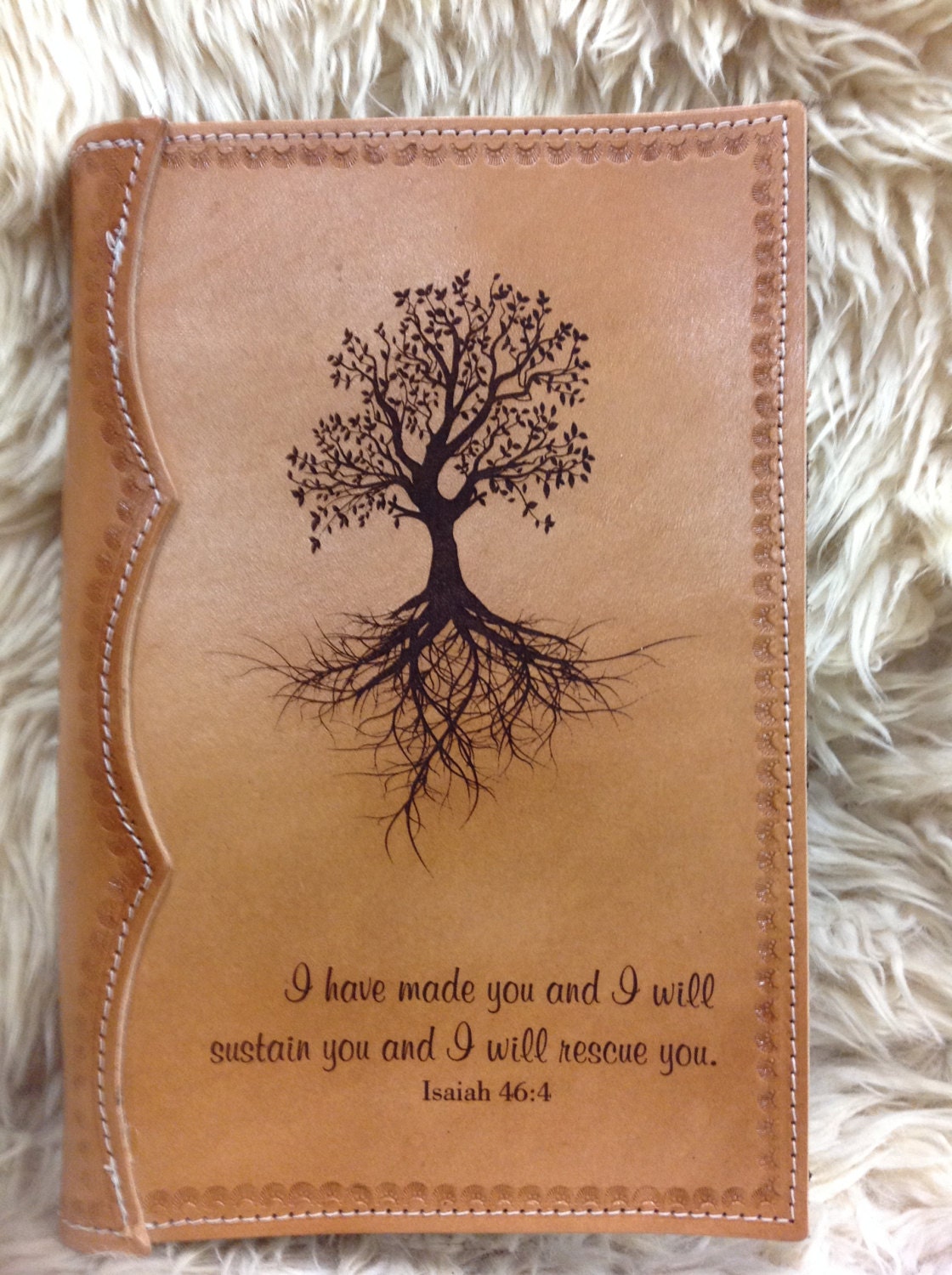 Handcrafted Full Leather Bible Cover Laser Engraved with Isaiah 46:4