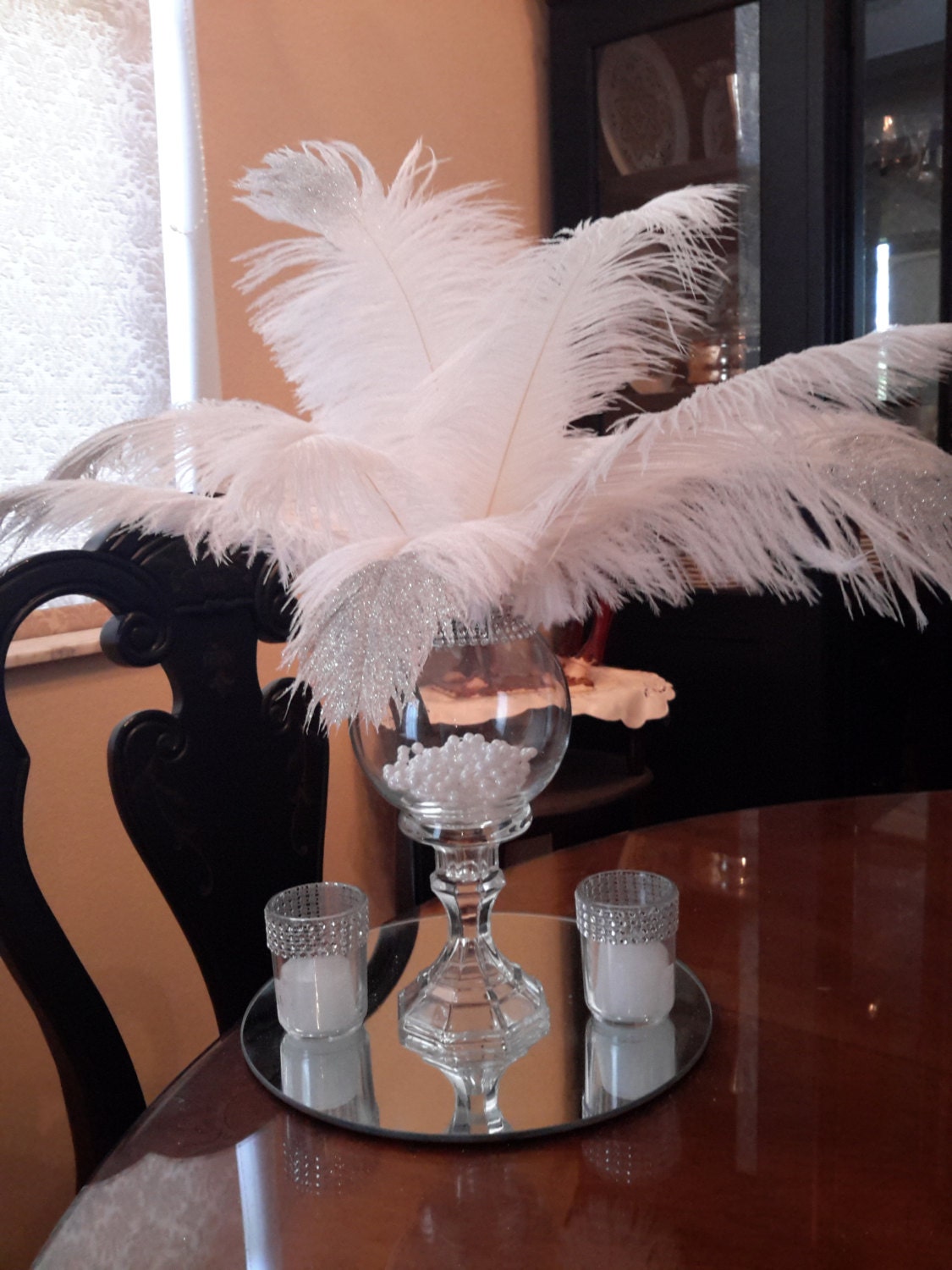 Feather Centerpieces For Cheap : Great gatsby inspired ostrich feather glitter tip centerpiece