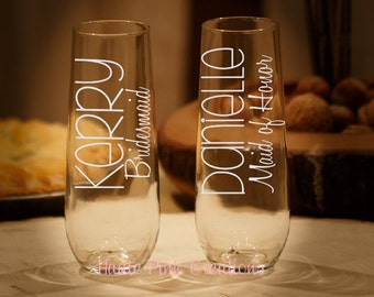 10 Engraved Bridesmaid Champagne Glasses, Bridesmaid Champagne Flutes, Wedding Toasting Flutes, Etched Champagne Glasses, Set of 10 glasses