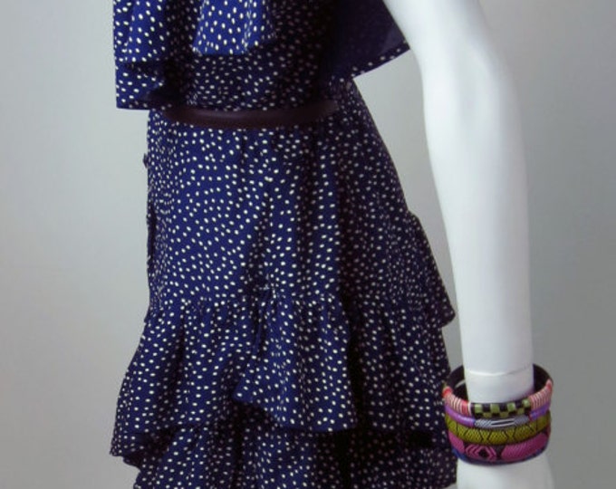 80s NAVY stretch crepe ruffled polka dot dress with ruffled tiered skirt