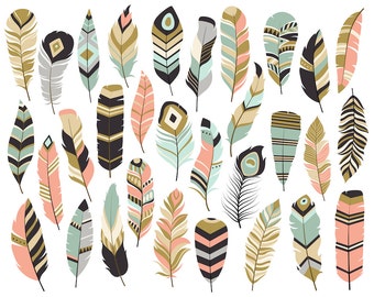Tribal Feathers Clipart - Set of 31 Vector, PNG & JPG Files - Unique, Beautiful Boho Feather Clip Art in Coral, Navy, Mint and Gold