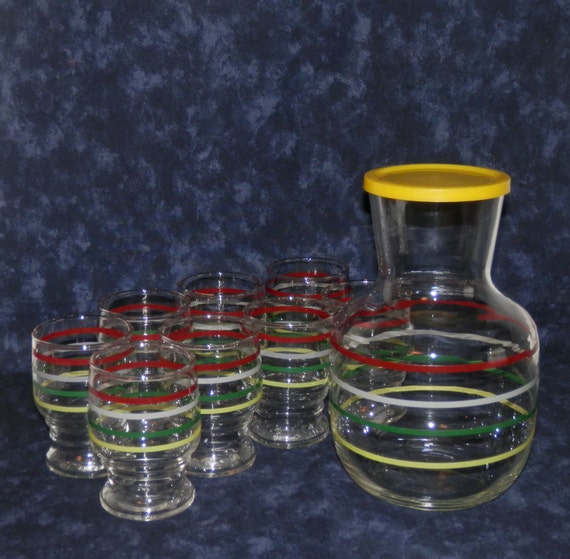 Vintage Libbey Striped Juice Carafe & Eight Matching Juice