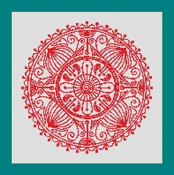 Download Red Mandala One Color Counted Cross Stitch Pattern 10.64 x