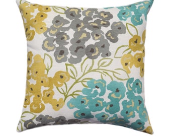 Teal Yellow Pillow Cover, Gray Pillow, Pillow, Floral Pillow, Decorative Pillow, Gold, Gray, Blue, 12 Sizes, Cushion, Euro, Floral Cushion