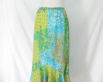 90's Floral Ruffle Maxi Skirt Paisley Floral Sheer Skirt Boho Skirt 90's Hippie Skirt Blue Green Long Ruffled Skirt