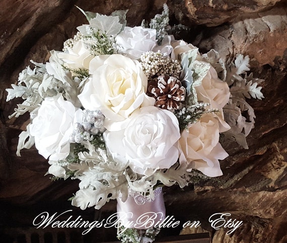 Winter Wedding Bouquet Silver White Ivory Pine Cones Hand Winter Wedding Bouquet Silver White Ivory Pine Cones Hand