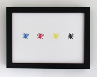 A4 Letterpress print - CMYK Bees - Limited Edition - Hand-printed - Unframed
