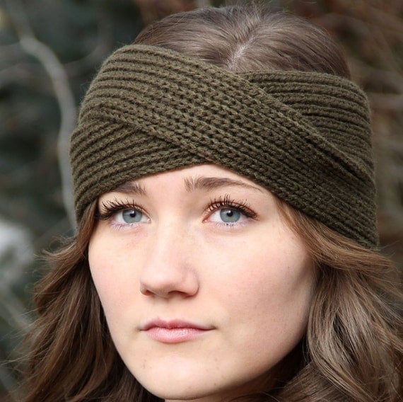 Knit Crossover Headband in Gray Olive by BeautifulGirlStyle