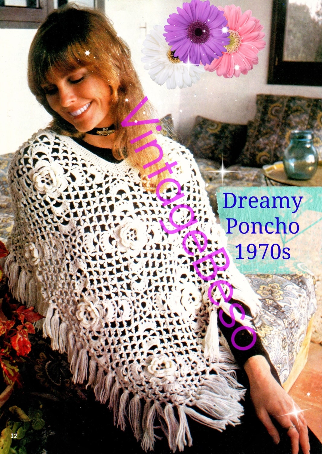 Dreamy Flowers Poncho Vintage Crochet Pattern Instant Download