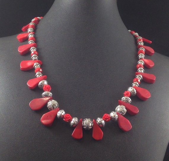 Red Coral Beaded Handmade teardrop necklace beautiful