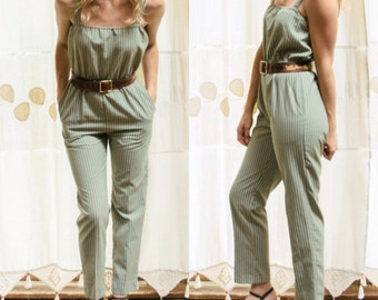 1970's Mint Green & White Pinstripe Summer Jumpsuit, Jumper