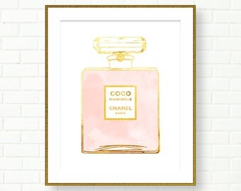 Coco Chanel Gold Perfume Print, Coco Mademoiselle, Fashion Art, French Decor, Gold Foil Print, Vanity Decor, French Wall Art, Perfume Poster