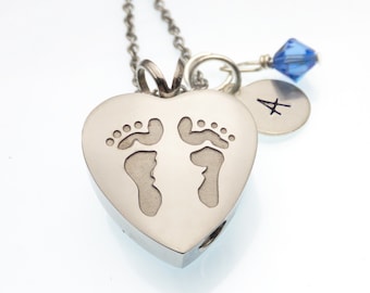 Footprints Urn Necklace | Cremation Jewelry | Heart Urn Necklace For Ashes | Remembrance Necklace | Hand Stamped Personalized Memorial Urn