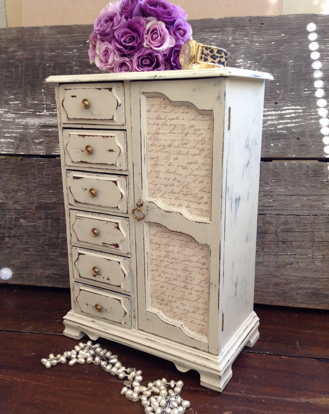 Large White Jewelry Box Armoire / Shabby Tall Vintage Chic